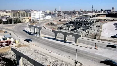 Elevated freeway being demolished in Milwaukee, Wisconsin.